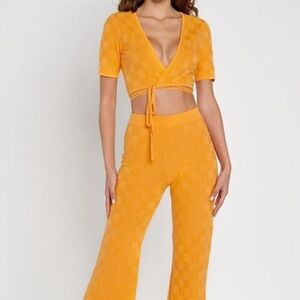 NEW ANOTHER GIRL checkerboard wrapover crop top in‎ orange